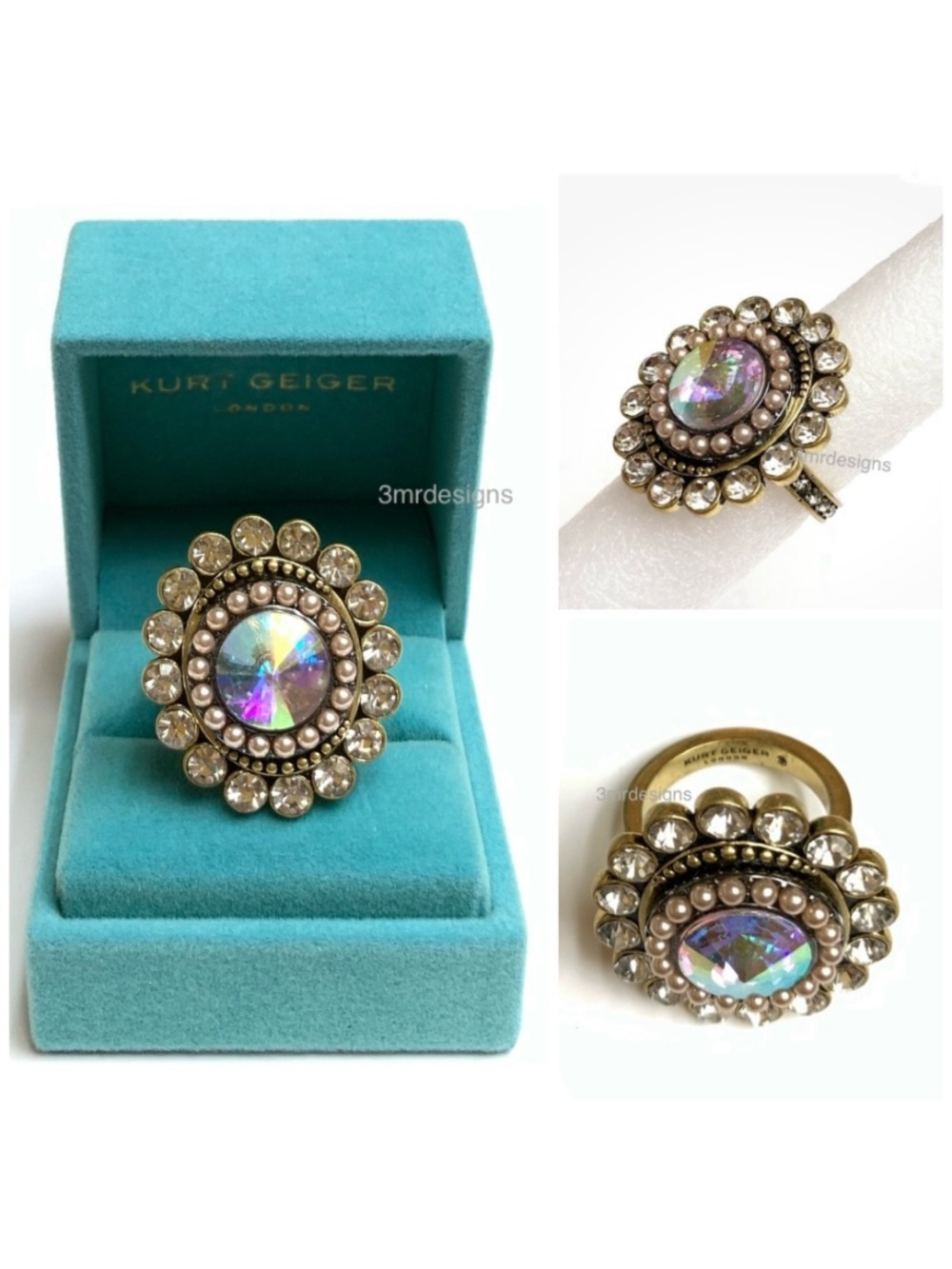 NIB KURT GEIGER Octavia Brass Tone Iridescent Crystal Faux Pearls Ring